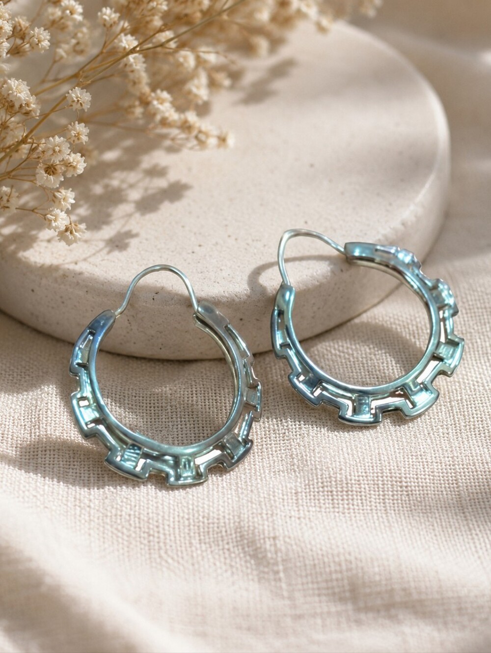 Elegant Silver Gear Hoop Earrings  Steampunk / Industrial Style Statement Hoops